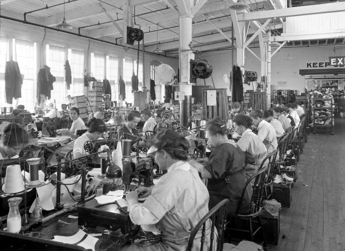 Shoemaking: Sewing uppers together. Endicott Johnson Plant, Endicott, NY